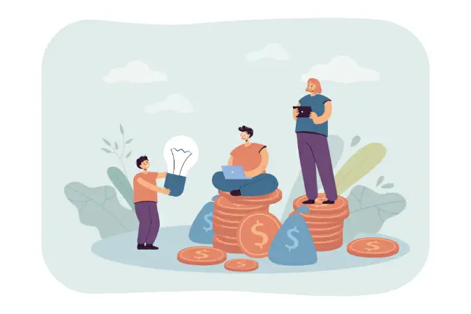 Ilustração de uma pessoa levando uma ideia para duas pessoas que estão em cima de moedas