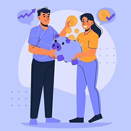 Ilustração de duas pessoas colocando moedas em um cofre de porquinho