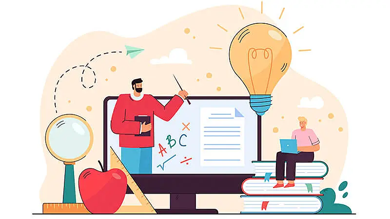 Computador ligado com diversos elementos de estudo espalhados pela tela