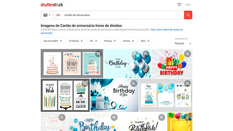imagem que mostra diversos modelos de cartão de aniversário virtual disponíveis no Shutterstock