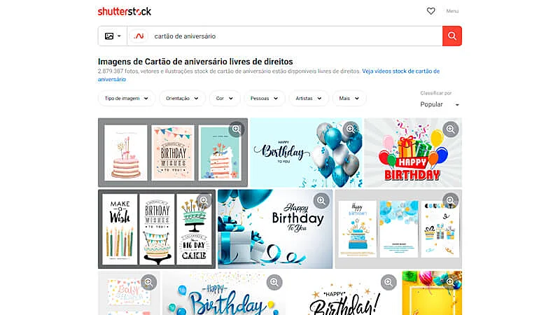 imagem que mostra diversos modelos de cartão de aniversário virtual disponíveis no Shutterstock