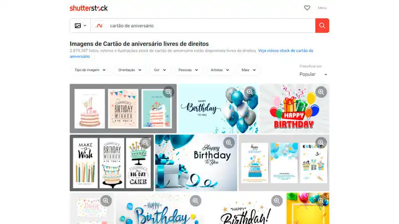 imagem que mostra diversos modelos de cartão de aniversário virtual disponíveis no Shutterstock