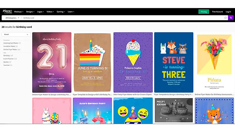 imagem que mostra diversos modelos de cartão de aniversário virtual disponíveis no Envato Placeit