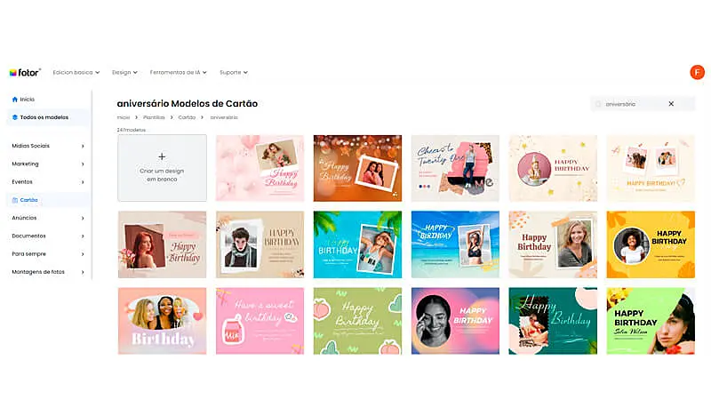 imagem que mostra diversos modelos de cartão de aniversário virtual disponíveis no Fotor