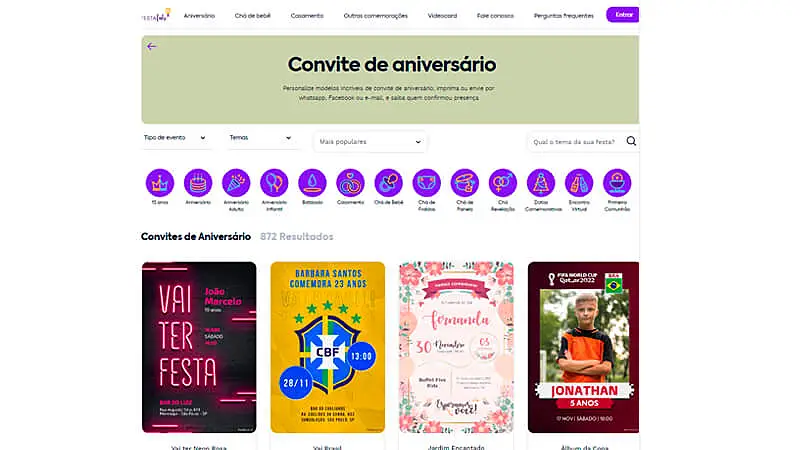imagem que mostra diversos modelos de convite de aniversário virtual disponíveis no FestaLab