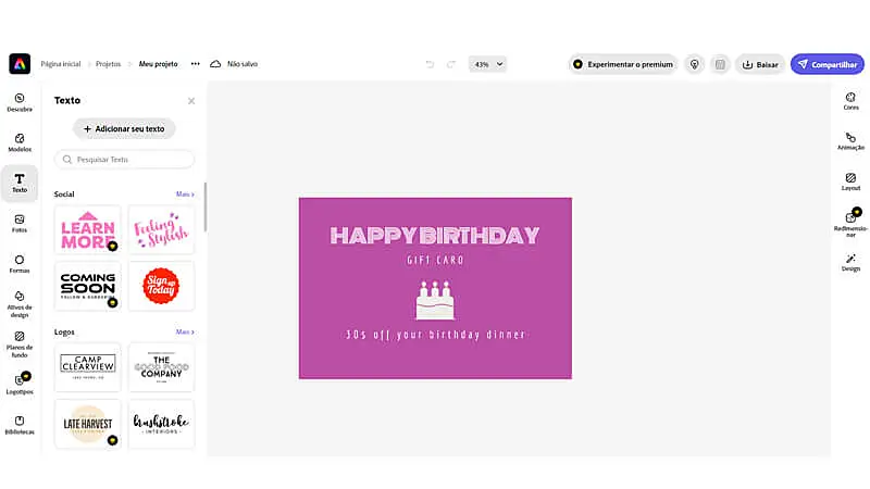 imagem que mostra a ferramenta de edição do Adobe Express com um modelo de cartão de aniversário virtual
