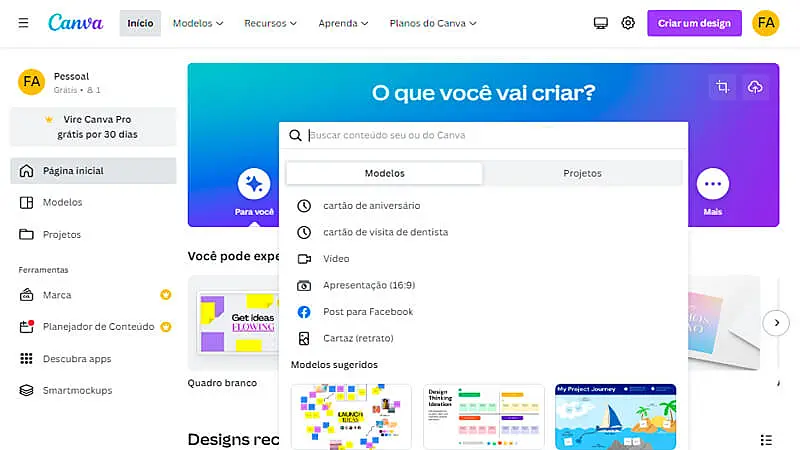 imagem que mostra a pagina inicial e a barra de pesquisa do Canva