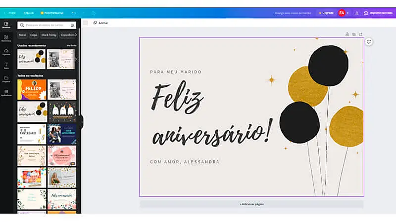 imagem que mostra a ferramenta de edição do Canva e diversos modelos de cartão de aniversário virtual