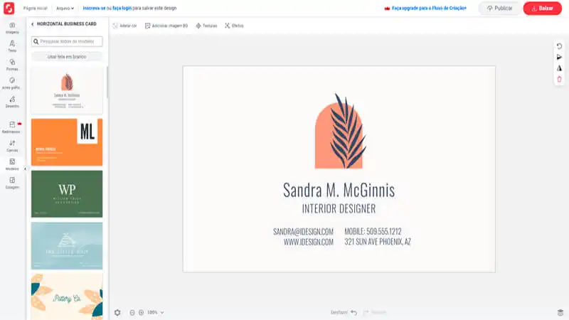 imagem que mostra o editor de imagens do Shutterstock, além de alguns templates de cartão de visita virtual