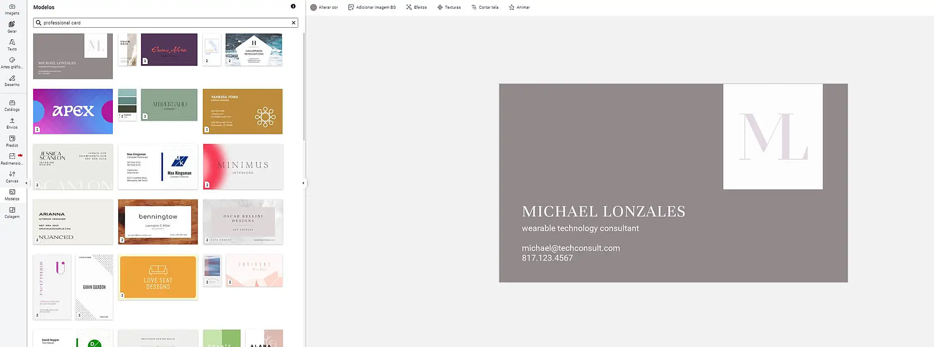 imagem que mostra um cartão de visita virtual no editor de layouts e imagens do Canva