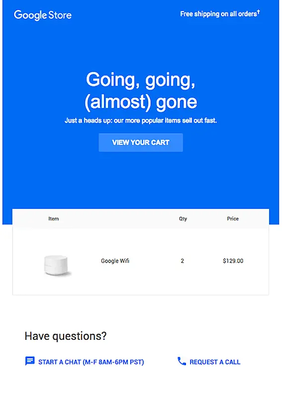 Google store cart abandonment email template
