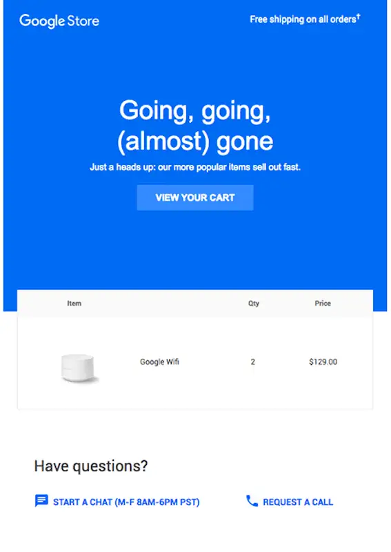 Google store cart abandonment email template