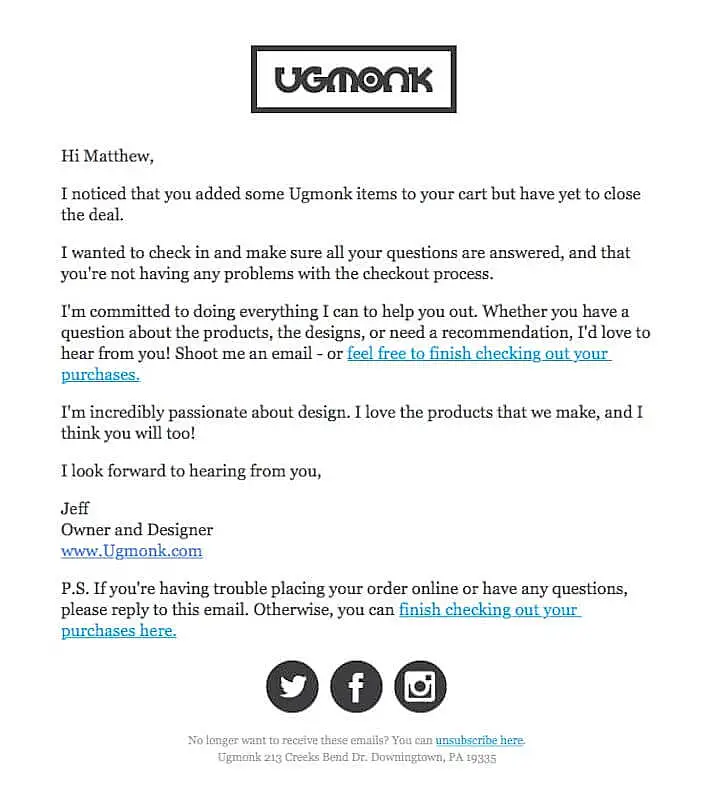 Uggmonk cart abandonment email template