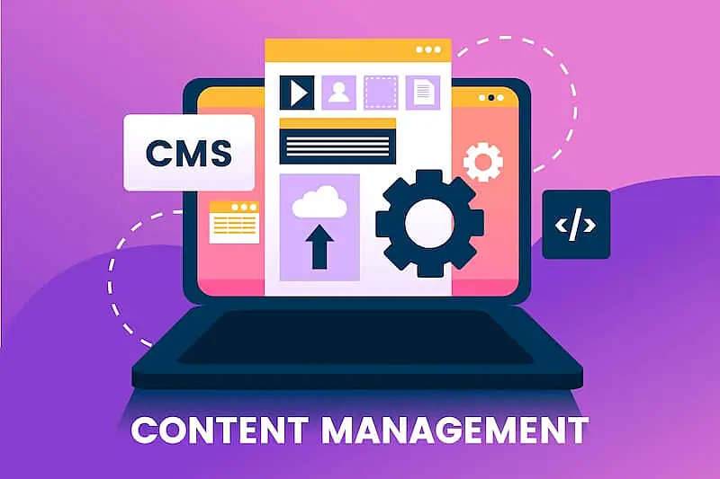 THe image shows a laptop with a website interface, it's written CMS, and content management.