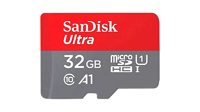 imagem que mostra um cartão de memória de 32GB MicroSD da SanDisk