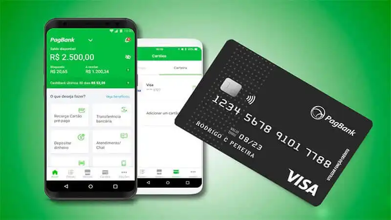 Cartão Pré pago Imagem de dois celulares com app PagBank e um cartão