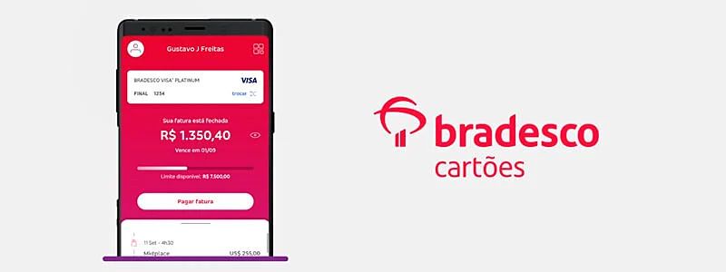 logo do bradesco ao lado de celular mostrando seu cartão virtual