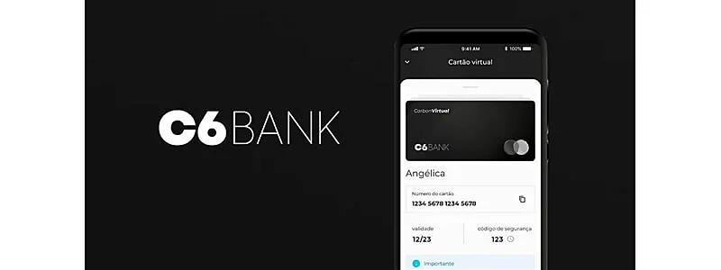banner com logo do c6 bank e celular mostrando o cartão virtual