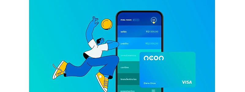 personagem ao lado de celular mostrando cartão virtual neon