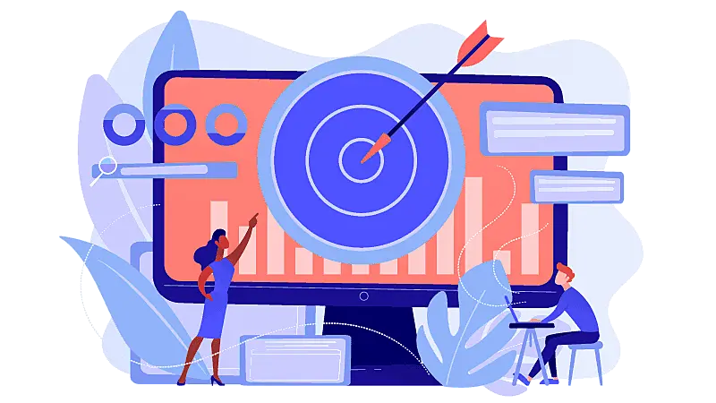 Imagem vetorizada de um monitor com gráficos e um alvo no centro, duas pessoas olhando para a tela.
