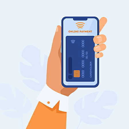 Ilustração de uma mão segurando um celular com um cartão