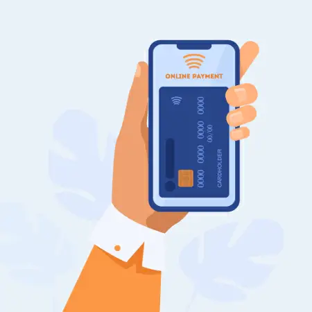 Ilustração de uma mão segurando um celular com um cartão