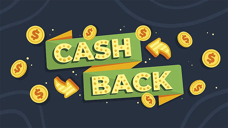 Ilustración con un banner escrito "cashback" y monedas alrededor