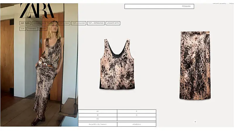 captura de tela mostrando como os produtos são exibidos no catálogo digital da ZARA