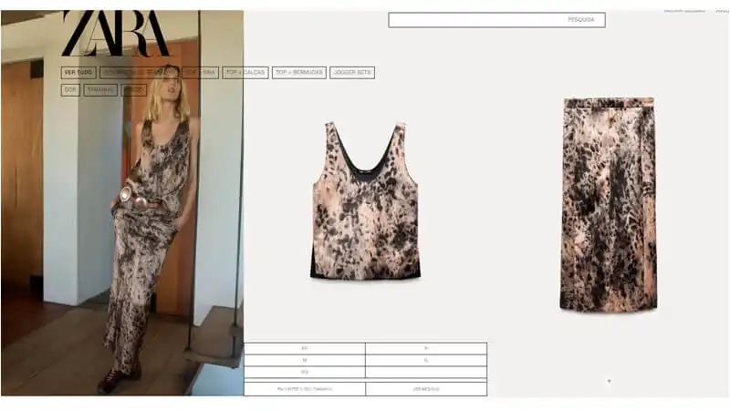 captura de tela mostrando como os produtos são exibidos no catálogo digital da ZARA