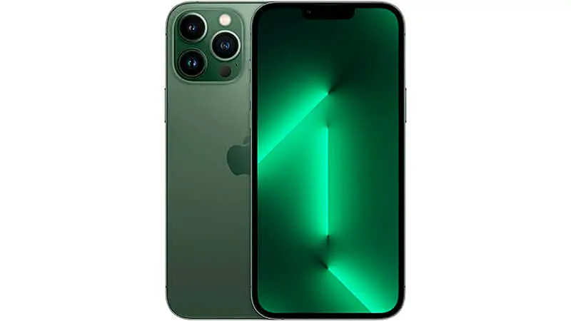 imagem de um smartphone iPhone 13 Pro Max de frente e de costas na cor verde bambu