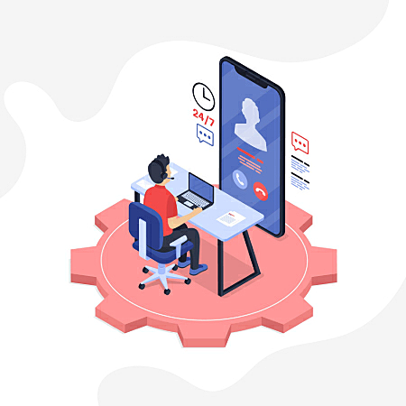 Ilustração de atendente usando laptop e headset para suporte 24/7, com chamada exibida em um smartphone gigante.