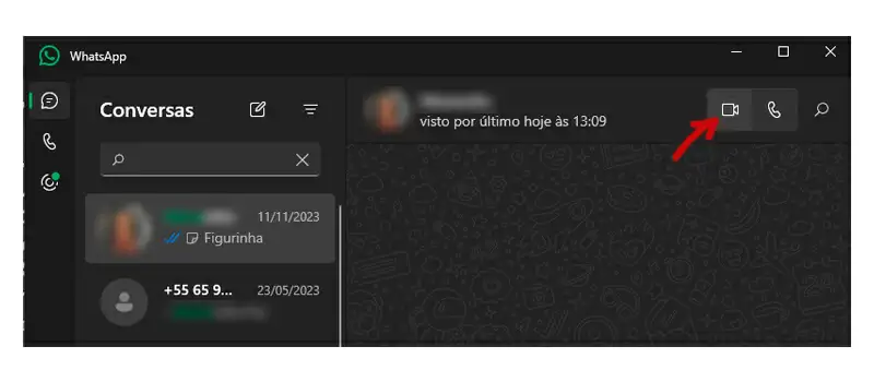chamada  captura de tela mostrando botão para iniciar chamada de video no whatsapp desktop