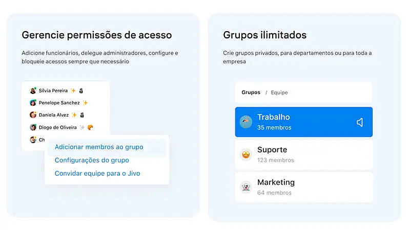 captura de tela que mostra algumas das principais funcionalidades do chat interno para empresas JivoChat Teams
