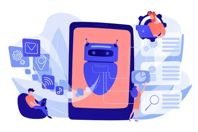 arte de um celular gigante com um robo e vários ícones de texto e uma pessoa sentada usando notebook