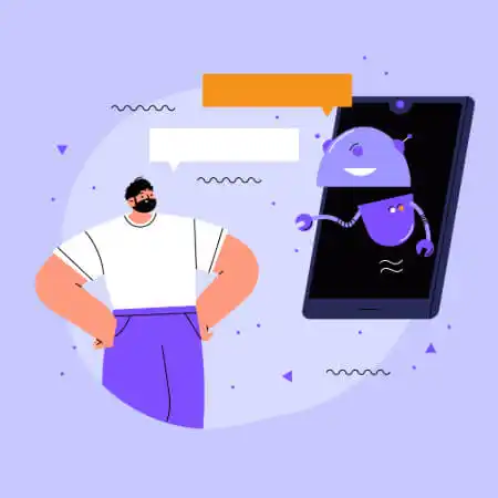 imagem de um homem conversando com um celular com um robo