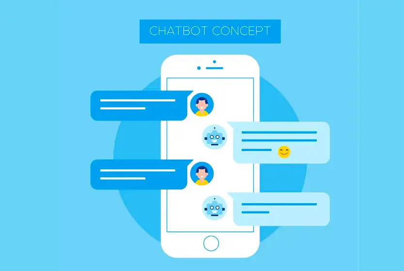 Chatbot o que é Ilustração de uma mão segurando um celular e dois balões de conversa entre um robô e uma pessoa