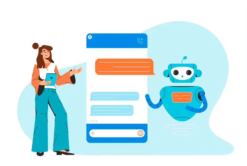 Chatbot o que é Ilustração de uma mulher e um robô conversando