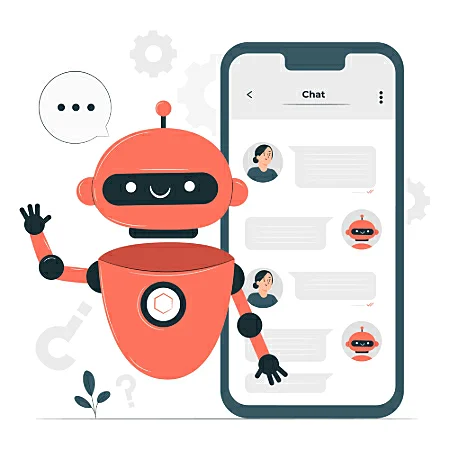 Imagem de um robo acenando e um celular com caixas de texto entre uma mulher e um bot