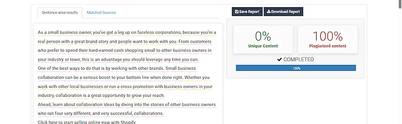 Check-plagiarism tool, result of a text analyzed
