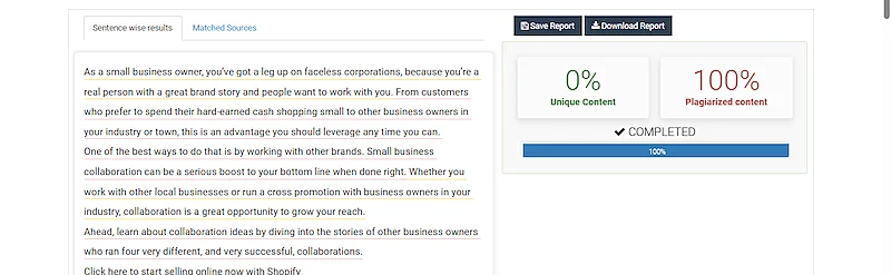 Check-plagiarism tool, result of a text analyzed