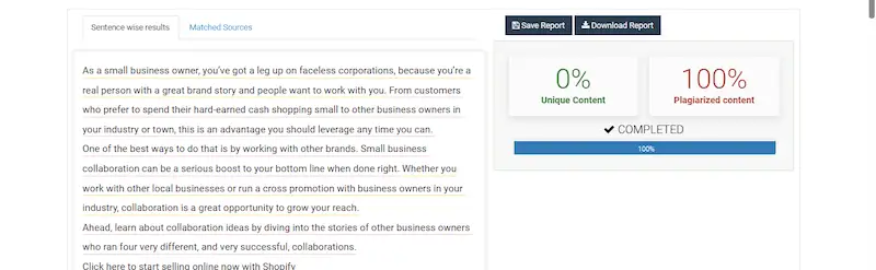 Check-plagiarism tool, result of a text analyzed