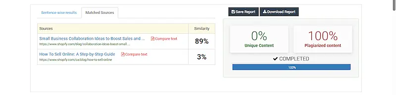 The image shows the results of two texts analyzed in the Check-plagiarism tool