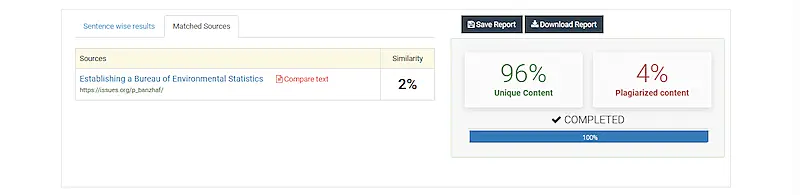 Check-plagiarism platform analysis of a link