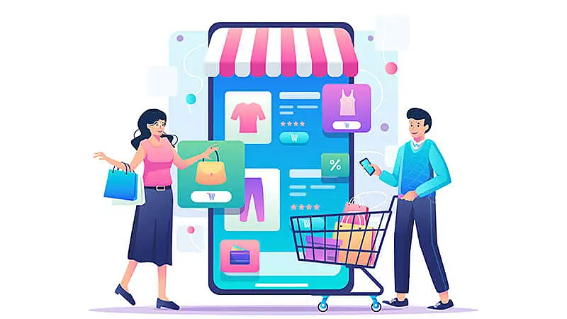 Ilustração de um carrinho de compra no celular