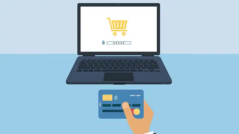 Ilustração de uma pessoa segurando um celular na pagina de compra e um cartão de crédito