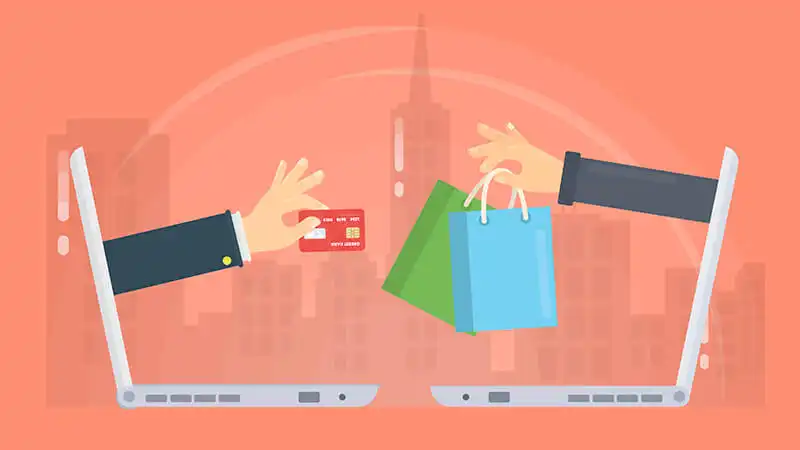 Ilustração de duas mãos, uma segurando um cartão e uma segurando uma sacola