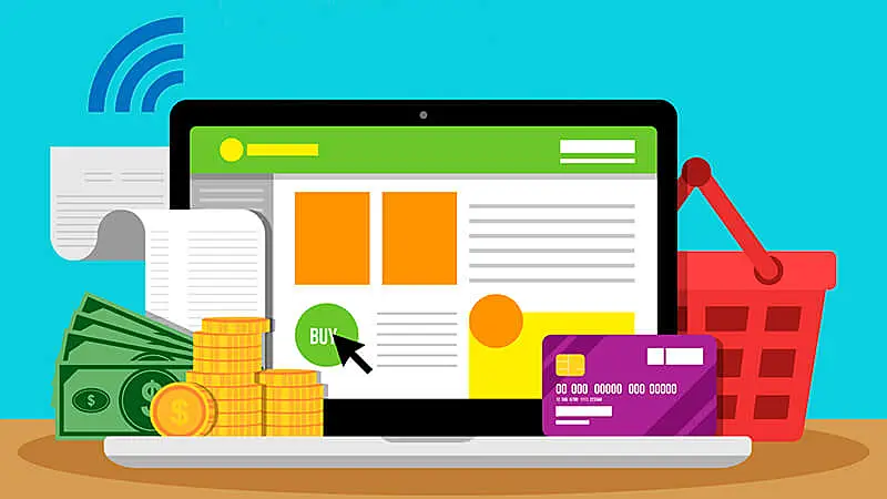 Ilustração de uma pessoa no site de checkout de uma loja