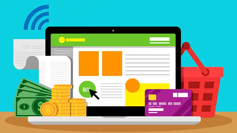 Ilustração de uma pessoa no site de checkout de uma loja