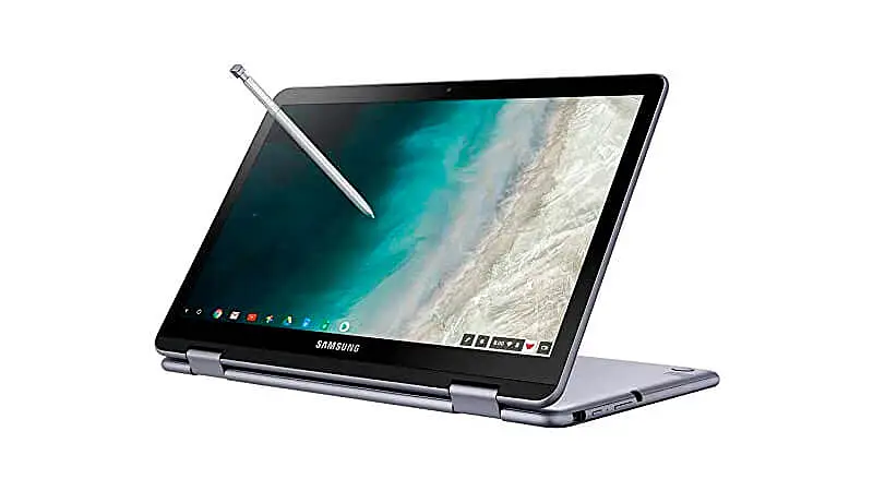 imagem de um Chromebook Samsung Plus com design 2 em 1 na cor prata