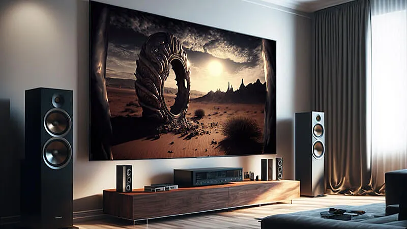 imagem de uma sala de cinema em casa com sofá na cor bege, almofadas laranjas e uma televisão passando vingadores